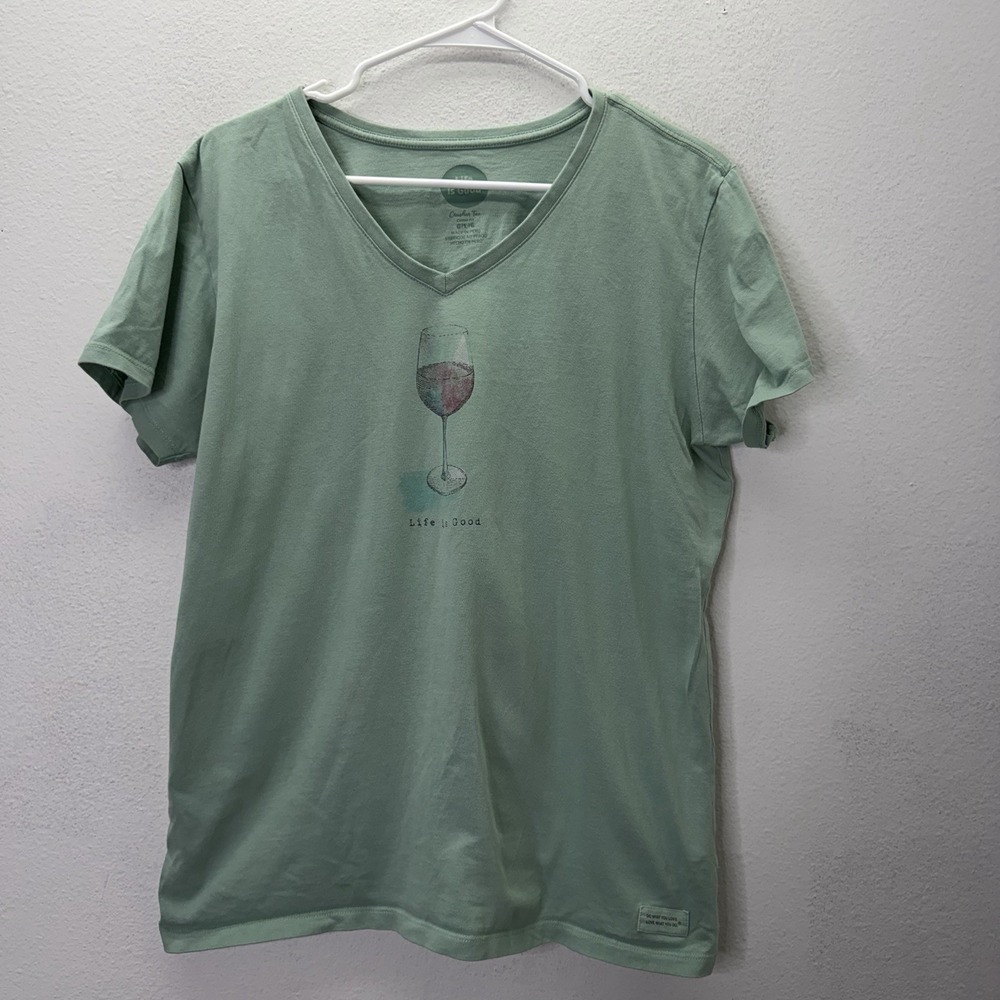 Life Is Good Wine Glass V Neck Half Full 100% Cotton T Shirt Womens L Green